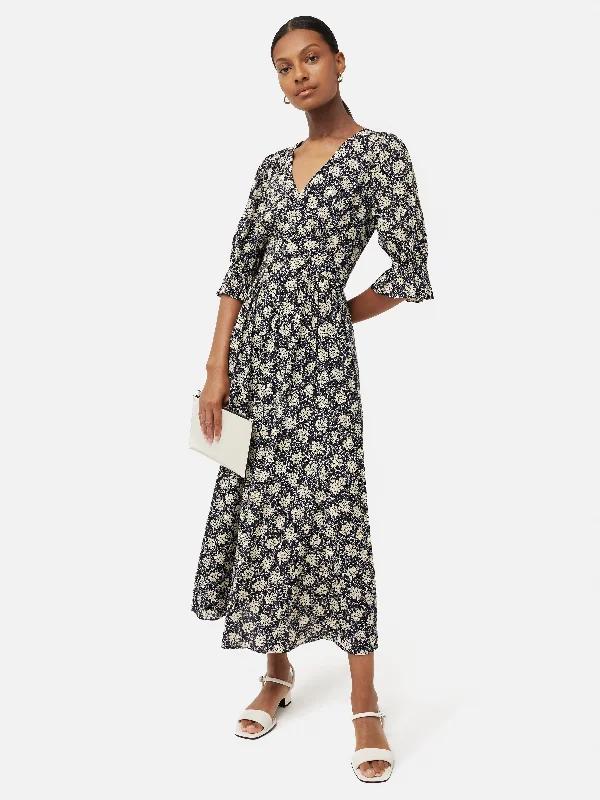 Block Leaf Printed Midi Dress | Black Comfortable Adjustable Strap Midi Dress