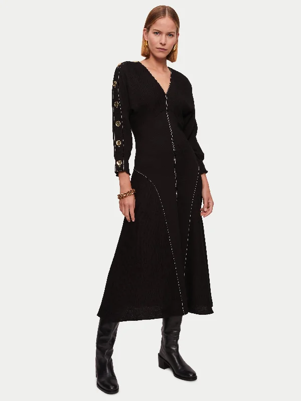 Button Detail Crepe Midi Dress | Black Elegant Puff Sleeve Midi Dress