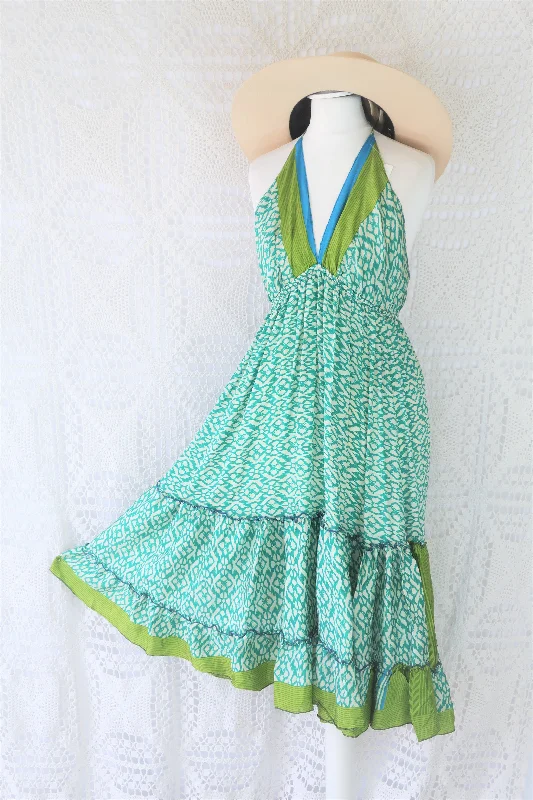 Cherry Midi Dress - Vintage Indian Sari - Sea Green & Lime Tile Print - Free Size Elegant Faux Wrap Midi Dress Cherry Midi Dress - Vintage Indian Sari - Sea Green & Lime Tile Print - Free Size Elegant Faux Wrap Midi Dress