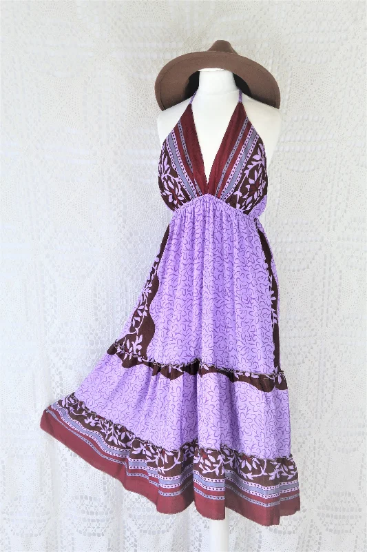 Cherry Midi Dress - Vintage Indian Sari - Lilac, Wine & Umber Bold Floral - Free Size Trendy Off-Shoulder Button Midi Dress Cherry Midi Dress - Vintage Indian Sari - Lilac, Wine & Umber Bold Floral - Free Size Trendy Off-Shoulder Button Midi Dress