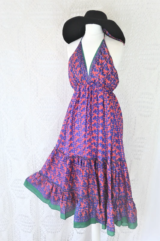 Cherry Midi Dress - Vintage Indian Sari - Deep Coral & Indigo Motif - Free Size Stylish Midi Dress with Cuffs Cherry Midi Dress - Vintage Indian Sari - Deep Coral & Indigo Motif - Free Size Stylish Midi Dress with Cuffs