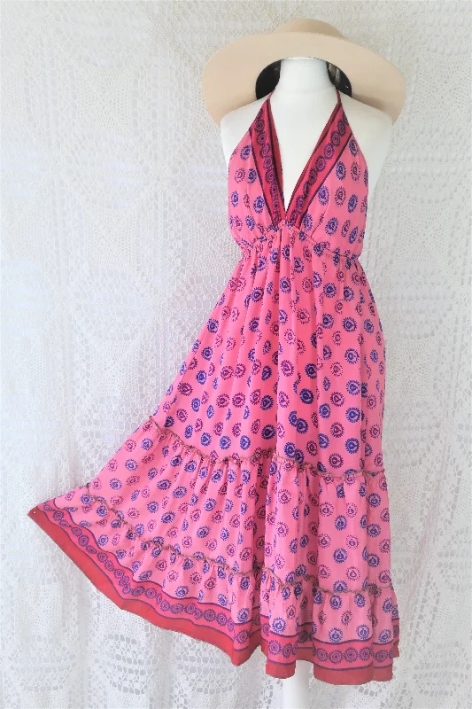 Cherry Midi Dress - Vintage Indian Sari - Bubblegum & Indigo Polka Dot - Free Size Stylish Pleated Skirt Midi Dress Cherry Midi Dress - Vintage Indian Sari - Bubblegum & Indigo Polka Dot - Free Size Stylish Pleated Skirt Midi Dress