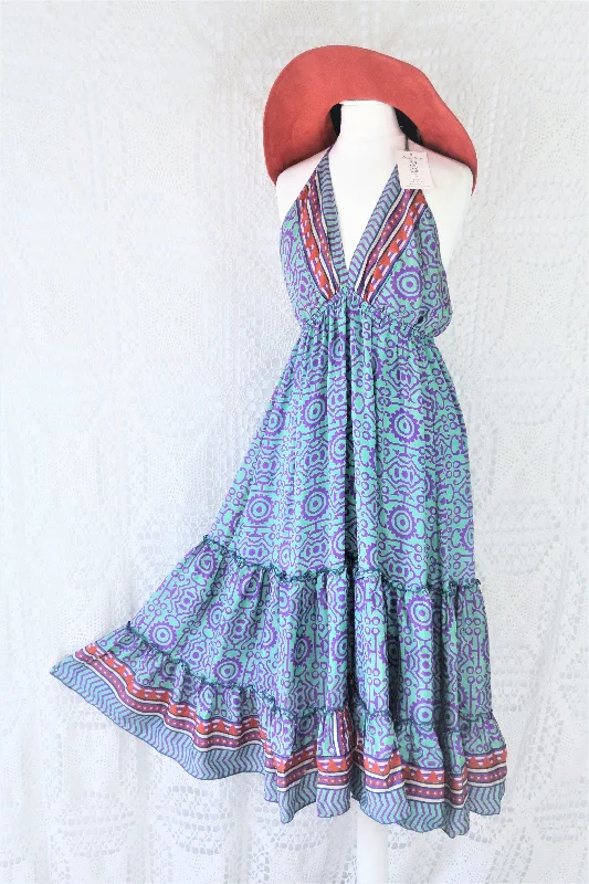 Cherry Midi Dress - Vintage Indian Sari - Seafoam, Sienna & Violet Tile Print - Free Size Stylish Cold Shoulder Midi Dress Cherry Midi Dress - Vintage Indian Sari - Seafoam, Sienna & Violet Tile Print - Free Size Stylish Cold Shoulder Midi Dress