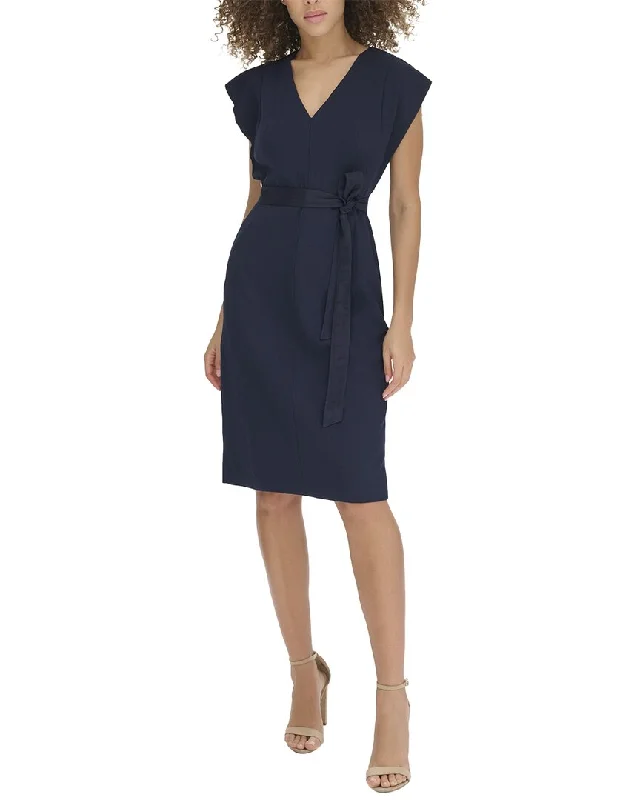Eliza J Signature Stretch Crepe Solid Midi Dress Comfortable Short Sleeve Midi Dress Eliza J Signature Stretch Crepe Solid Midi Dress Comfortable Short Sleeve Midi Dress