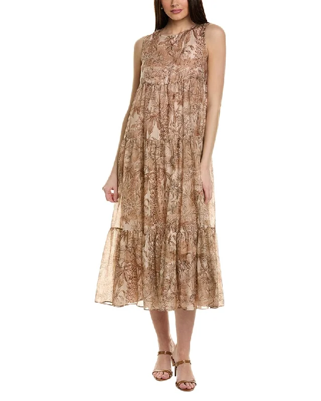 Max Mara Studio Foce Silk-Blend Midi Dress Elegant Pleated Sleeve Midi Dress
