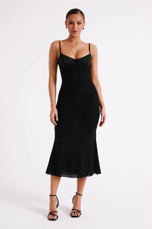 Novah Hot Fix Mesh Midi Dress - Black Stylish Cold Shoulder Midi Dress