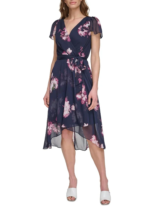 Petites Womens Floral Print Crepe Midi Dress Fashionable Sheer Sleeve Midi Dress