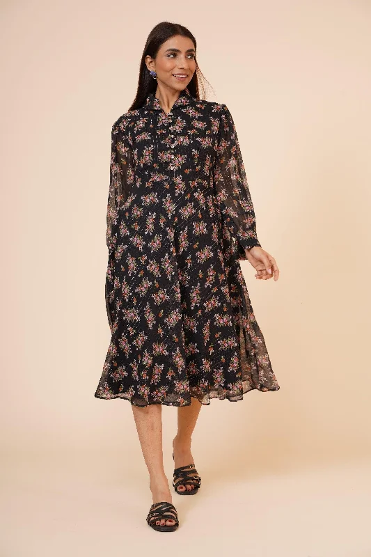 Women's Printed Black Chiiffon Casual Midi Dress - MIRACOLOS by Ruchi Cozy Knit Midi Dress Women's Printed Black Chiiffon Casual Midi Dress - MIRACOLOS by Ruchi Cozy Knit Midi Dress
