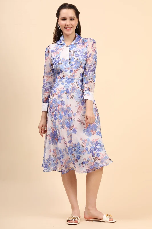 Women's Printed White Chiiffon Casual Midi Dress - MIRACOLOS by Ruchi Classic Black Midi Dress Women's Printed White Chiiffon Casual Midi Dress - MIRACOLOS by Ruchi Classic Black Midi Dress