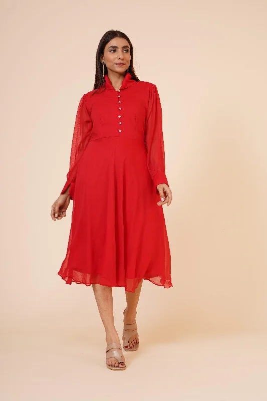 Women's Red Chiiffon Casual Midi Dress - MIRACOLOS by Ruchi Fashionable Shift Midi Dress Women's Red Chiiffon Casual Midi Dress - MIRACOLOS by Ruchi Fashionable Shift Midi Dress