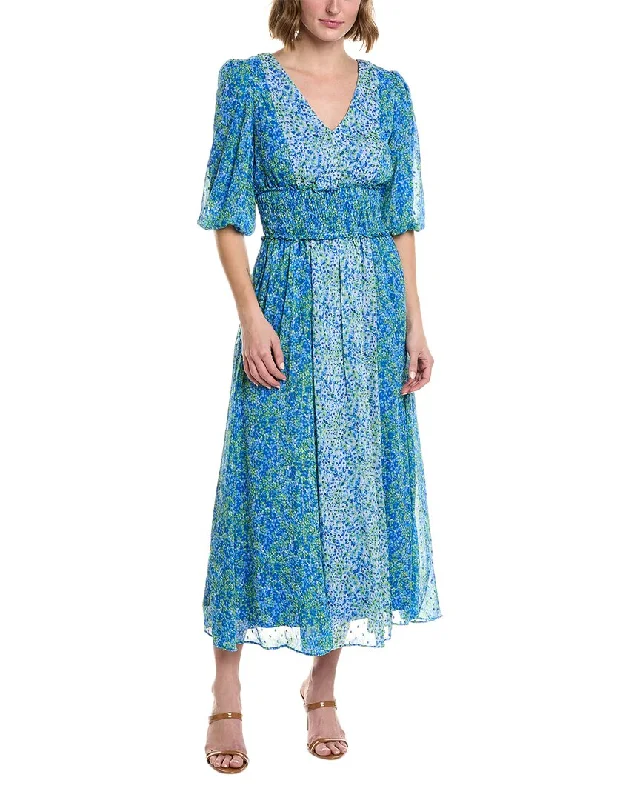 Taylor Printed Chiffon Lurex Stripe Midi Dress Elegant Lace Trim Midi Dress