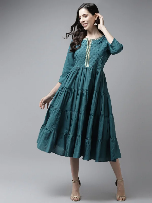 Women's Teal Ethnic Motifs Embroidered Midi Dress - Yufta Comfortable Draped Midi Dress Women's Teal Ethnic Motifs Embroidered Midi Dress - Yufta Comfortable Draped Midi Dress