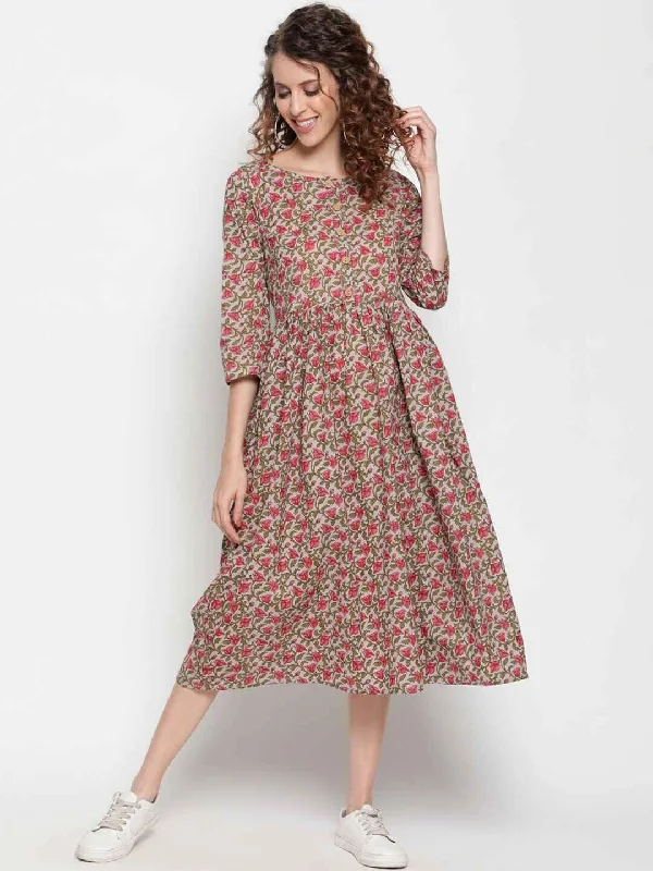 Women's Grey & Green Cotton Floral A-Line Midi Dress - THE NKS PLUS Comfortable Ribbed Midi Dress Women's Grey & Green Cotton Floral A-Line Midi Dress - THE NKS PLUS Comfortable Ribbed Midi Dress