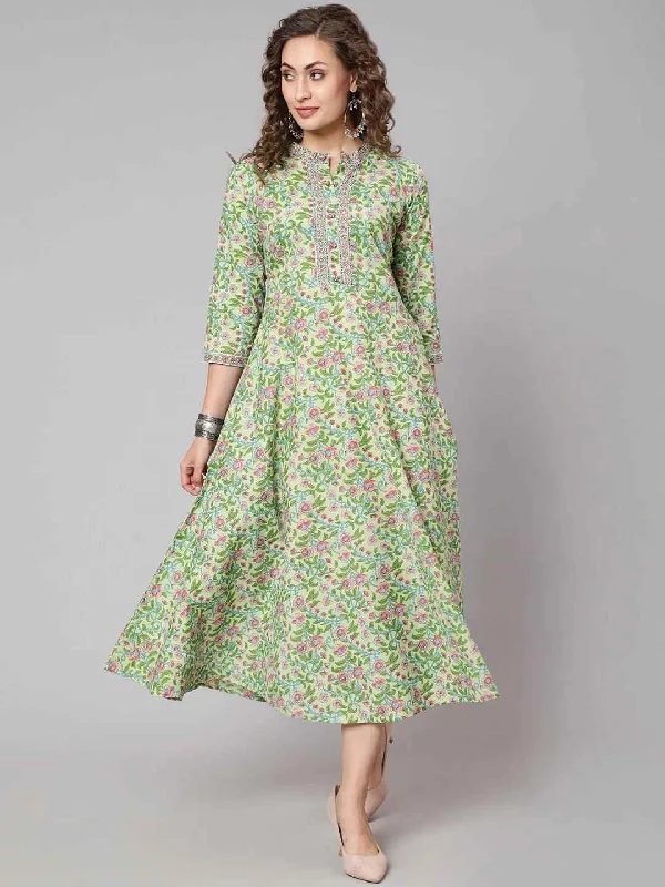 Women's Green Floral Ethnic A-Line Midi Dress - THE NKS PLUS Trendy Shift Midi Dress Women's Green Floral Ethnic A-Line Midi Dress - THE NKS PLUS Trendy Shift Midi Dress