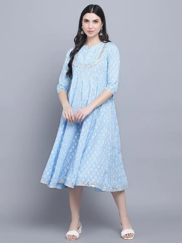 Women's Blue Ethnic Motifs Empire Midi Dress - Myshka Trendy Fit-and-Flare Midi Dress Women's Blue Ethnic Motifs Empire Midi Dress - Myshka Trendy Fit-and-Flare Midi Dress