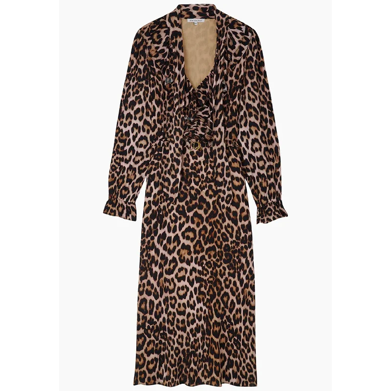 Margot Ruffle Neck Big Cat Print Midi Dress In Brown