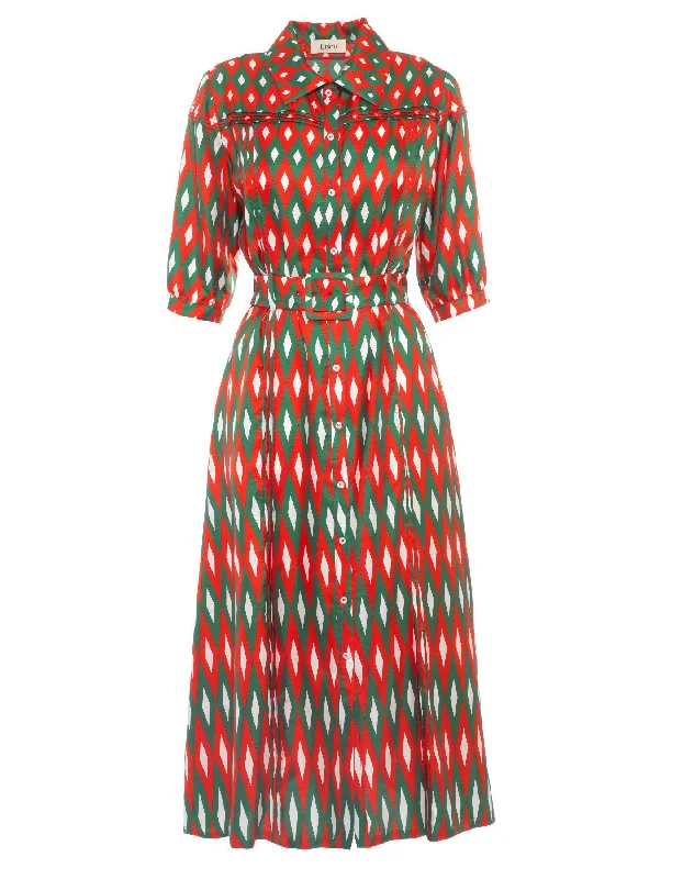 Alexa Red Green Mirror Diamond Print Silk Twill Midi Dress