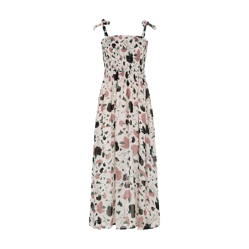 Annie Smocked Peony Print Midi Dress In Cream