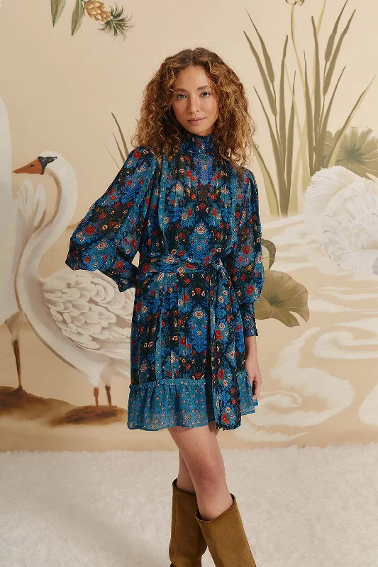 Blue Arabesque Floral High Neck Mini Dress