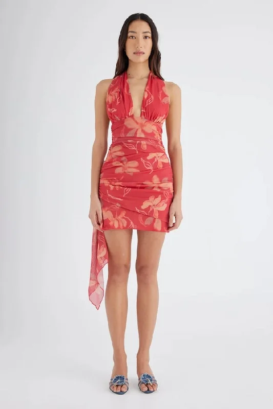 Penelope Halter Mini Dress Hibiscus Floral Comfortable Ruffle Mini Dress