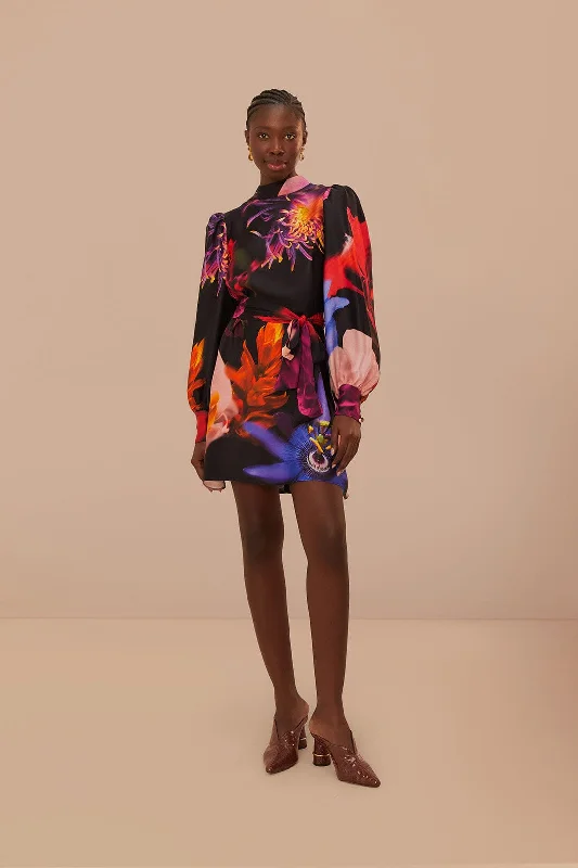 Blurry Floral Black Mini Dress Classic Floral Print Mini Dress