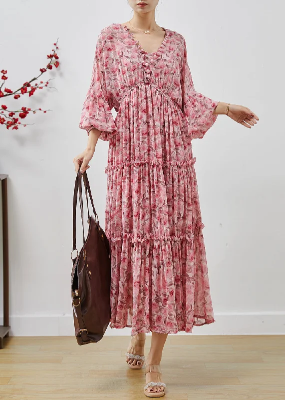Bohemian Pink Ruffled Print Chiffon Maxi Dresses Lantern Sleeve AP1064 Comfortable Long-Sleeve Maxi Dress Bohemian Pink Ruffled Print Chiffon Maxi Dresses Lantern Sleeve AP1064 Comfortable Long-Sleeve Maxi Dress