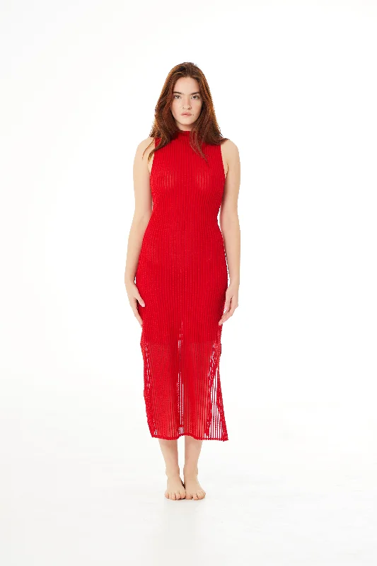 Bright Rouge Addison Mesh Midi Dress