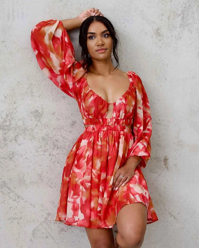 Chiara Chiffon Mini Dress - Orange Print Cozy Long Sleeve Mini Dress