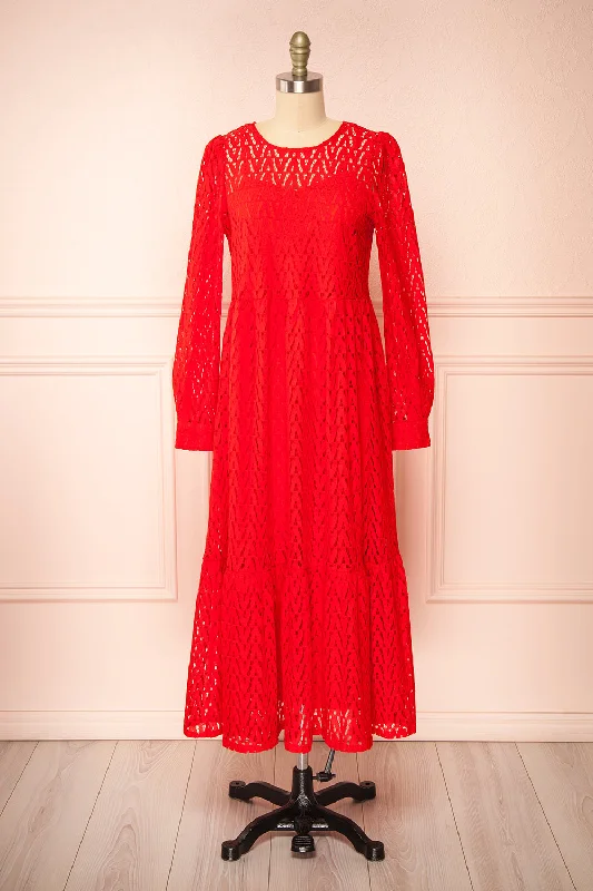 Christina | Red Lace Midi Dress w/ Long Sleeves