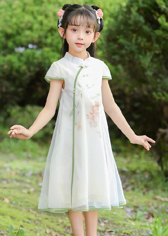 Classy White Stand Collar Print Tulle Girls Maxi Dresses Summer MN025