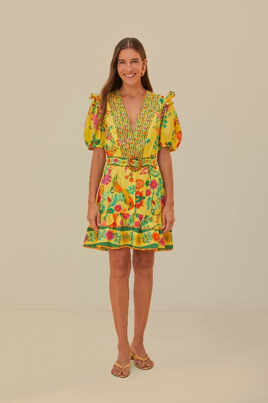 Yellow Delicate Fruit Garden Organic Cotton Mini Dress