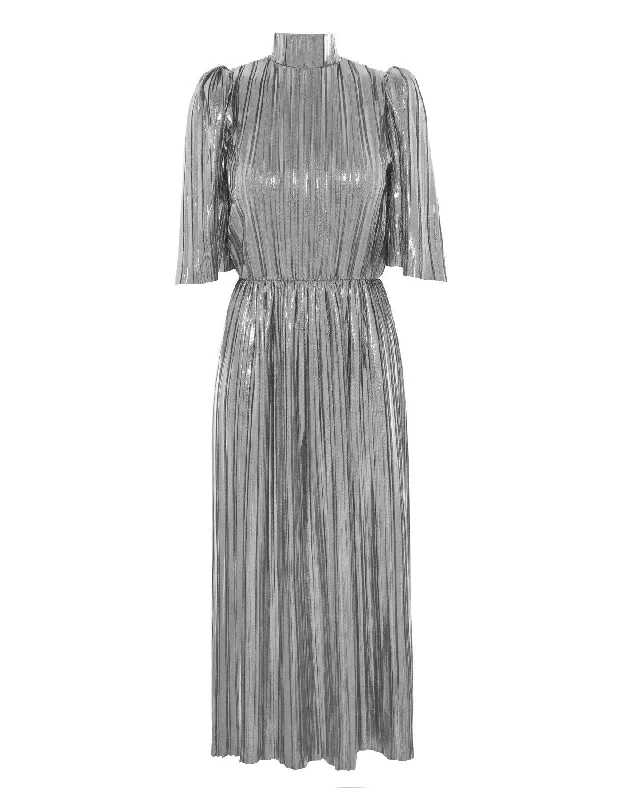 Diane Silver Metallic Plisse Midi Dress