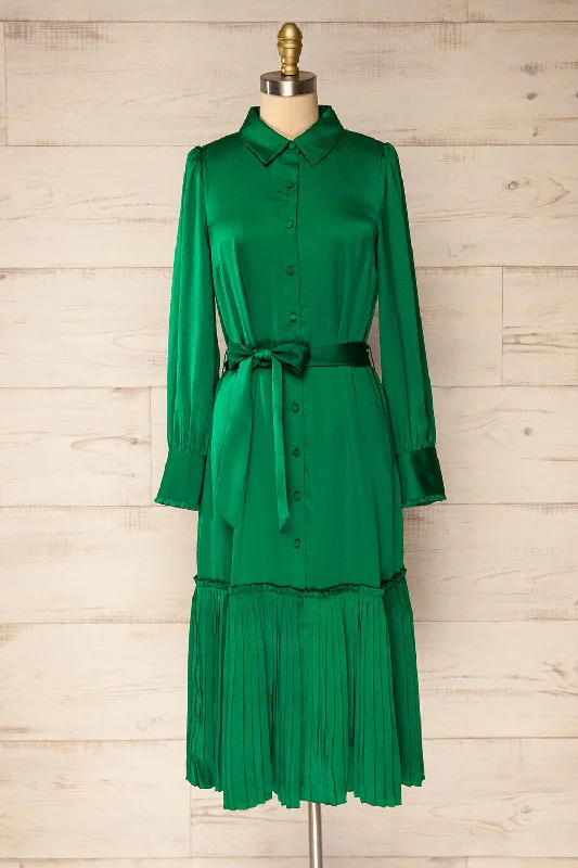 Doha | Green Satin Midi Dress w/ Belt