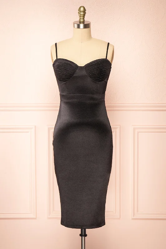 Elderia Black | Fitted Satin Midi Dress