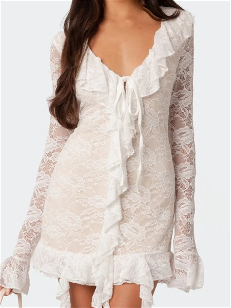 Elegant Lace Mesh Long Sleeve Mini Dresses Comfortable Bodycon Mini Dress