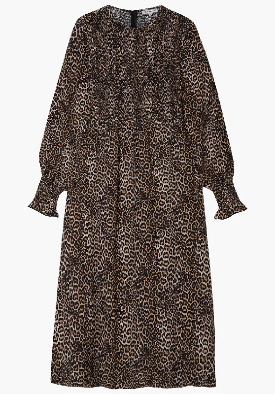 Elsie Shirred Bodice Big Cat Print Midi Dress In Brown