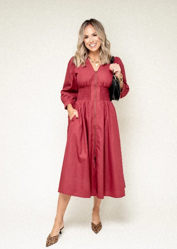 All Together Now V Neck Midi Dress-Garnet