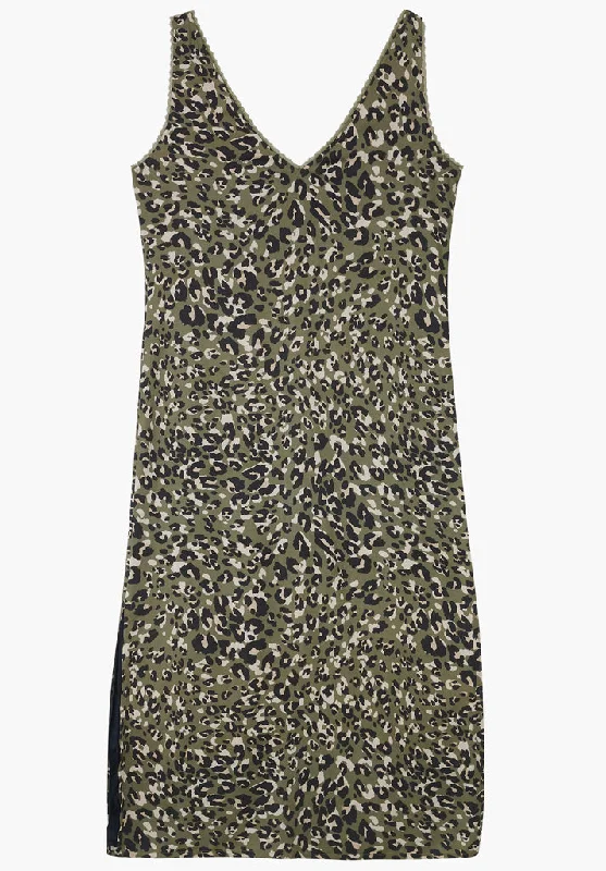 Estee Sleeveless Khaki Cat Print Midi Dress In Green