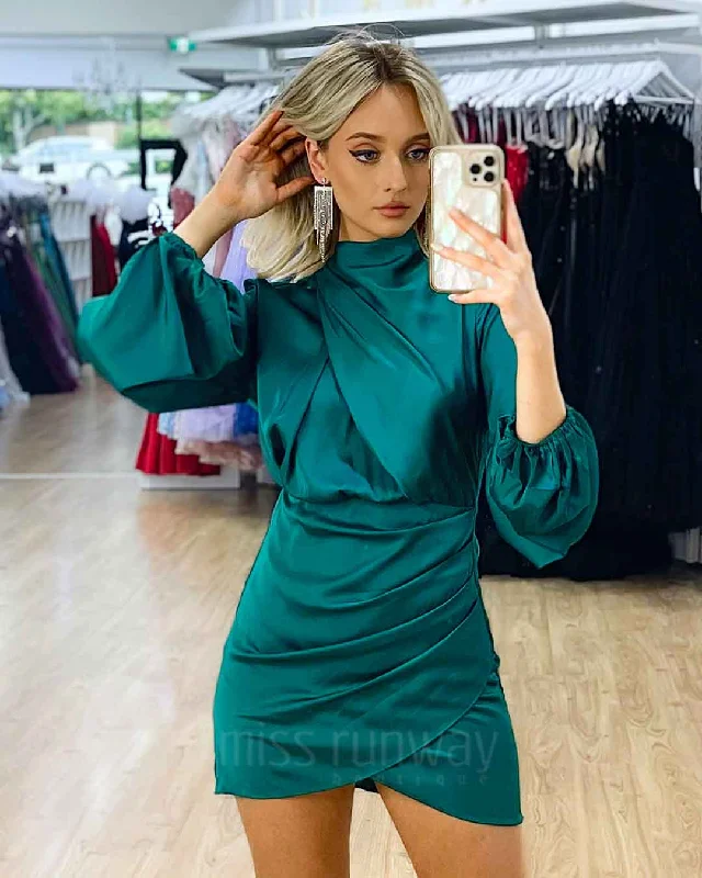 Estella Satin Mini Dress - Green Fashionable Lace-Trim Mini Dress