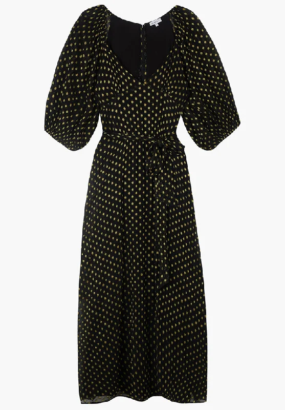 Katherine Billowy Sleeve Gold Spot Midi Dress In Black