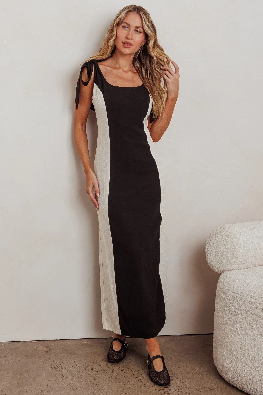 Kiss City Tied Shoulders Contrast Maxi Dress Black/Oat