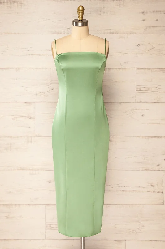 Korina Sage | Fitted Satin Midi Dress