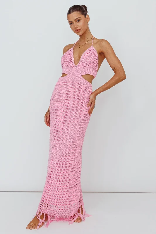 Lelei Crochet Open Back Maxi Dress Pink