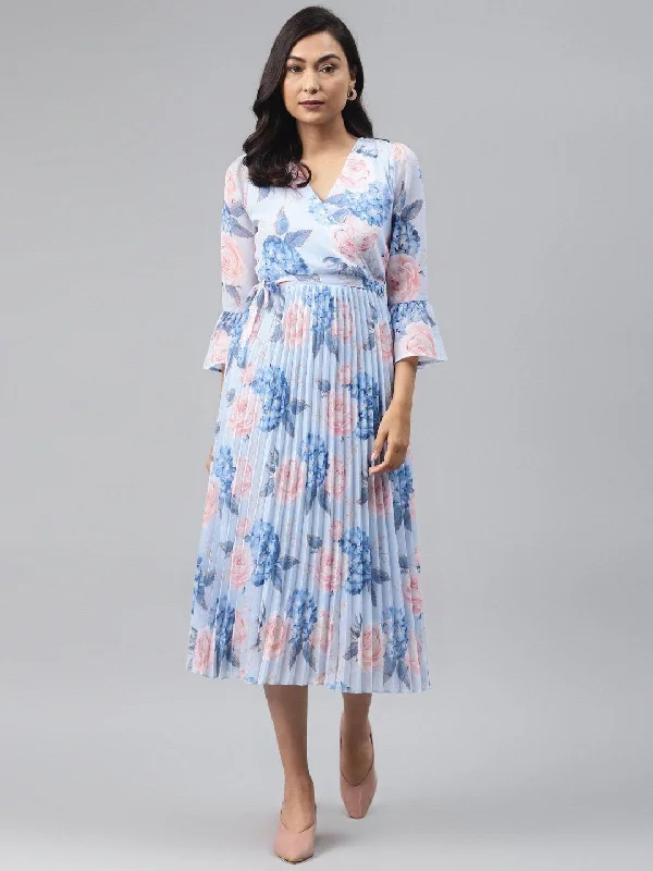 Women's Light Blue Floral Pleated Midi Dress - SASSAFRAS