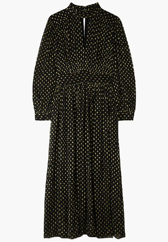 Marianne Keyhole Gold Spot Midi Dress In Black