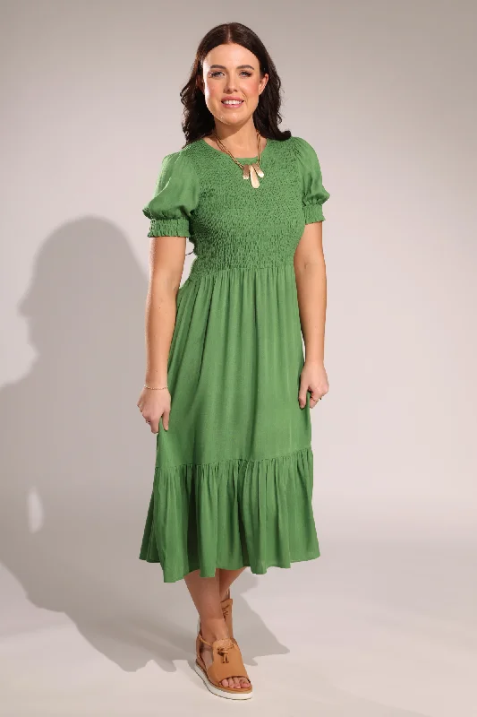 Midi Dress with shirred bodice | Avocado | 3305A1