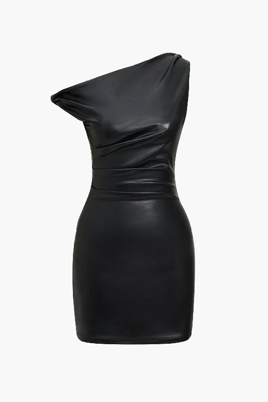 Faux Leather Asymmetrical Twist Knot Zipper Mini Dress