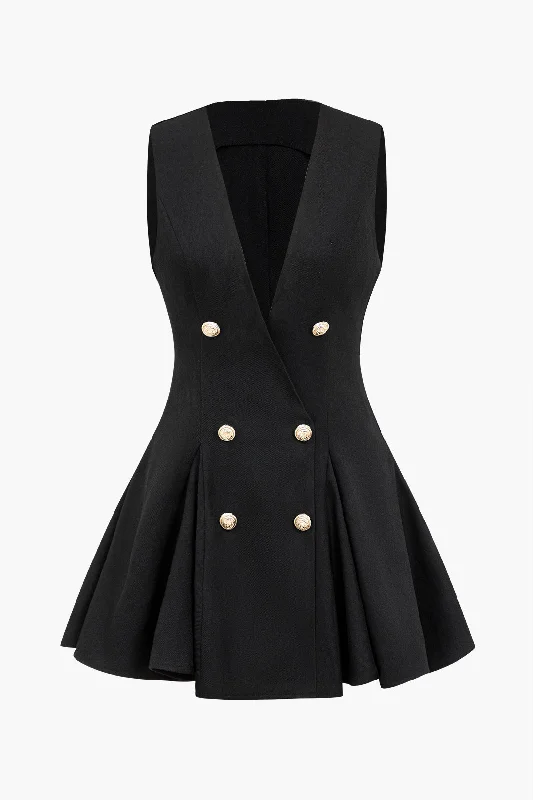 Solid Double Breasted V-Neck Mini Dress Classic Shift Mini Dress