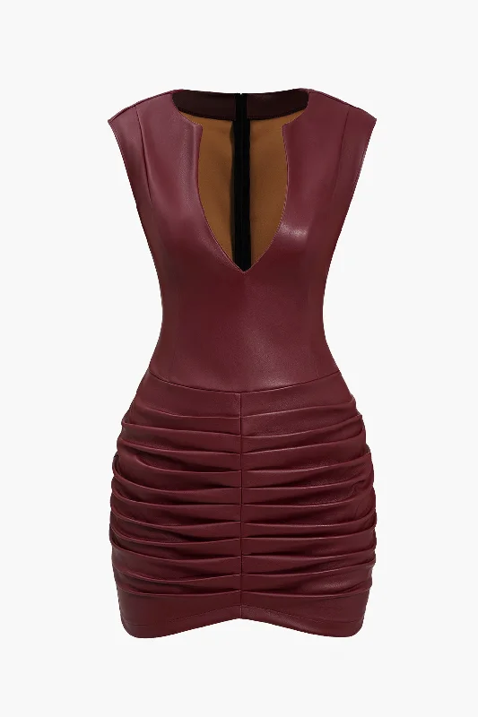 Ruched Faux Leather V-Neck Bodycon Mini Dress