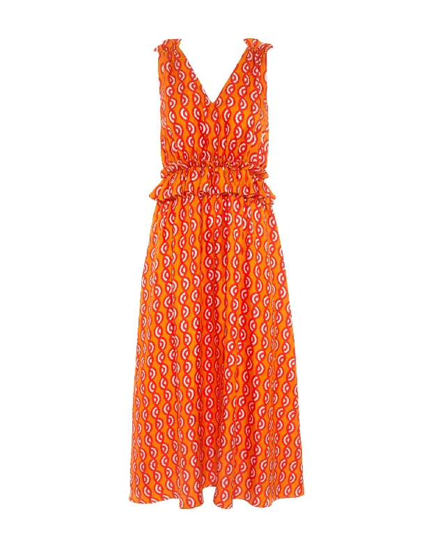 Mimi Orange Twister Print Silk Twill Midi Dress